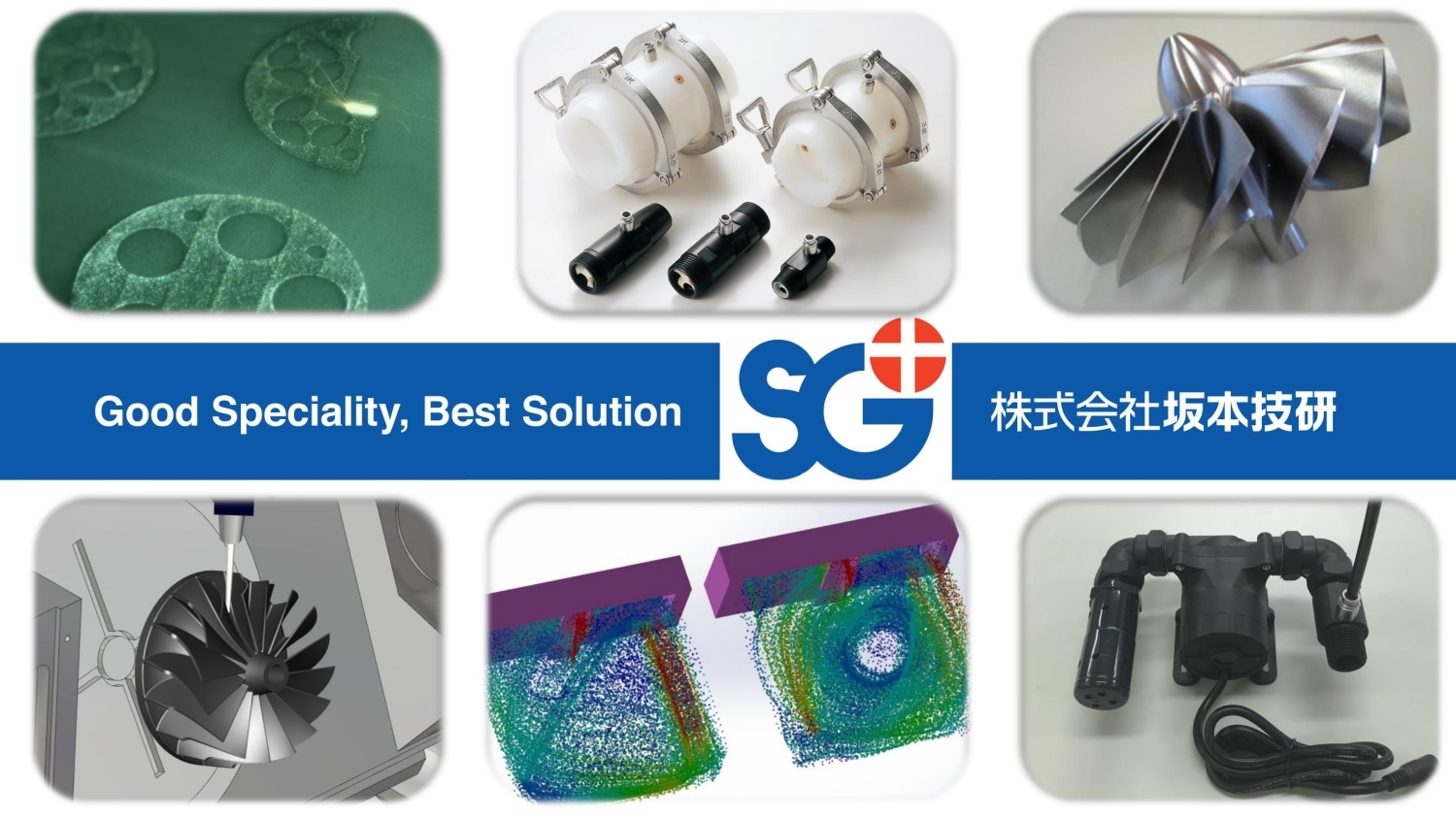 坂本技研の特徴である、金属3Dプリンタやファインバブル発生器、バブルフレッシャー、3DCADや流体解析を行っている画像をまとめたもの